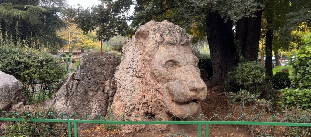 モロッコにある石造りのライオン像。自然の中に溶け込むように置かれている。Atlas Lion statue in Ifrane