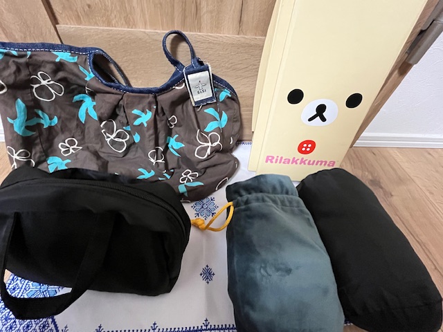 海外旅行 機内 持ち込みアイテムセット。バリで購入したバッグとネックピロー