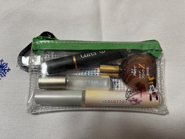 機内で使うスキンケア小物|リップ、目薬、オイル、コンタクトなどをまとめたフライト用ポーチ