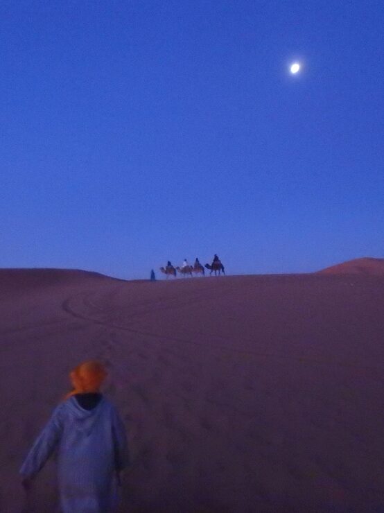 サハラ砂漠 月と砂丘 夜の砂漠 モロッコ / Sahara desert dunes and moon night landscape Morocco